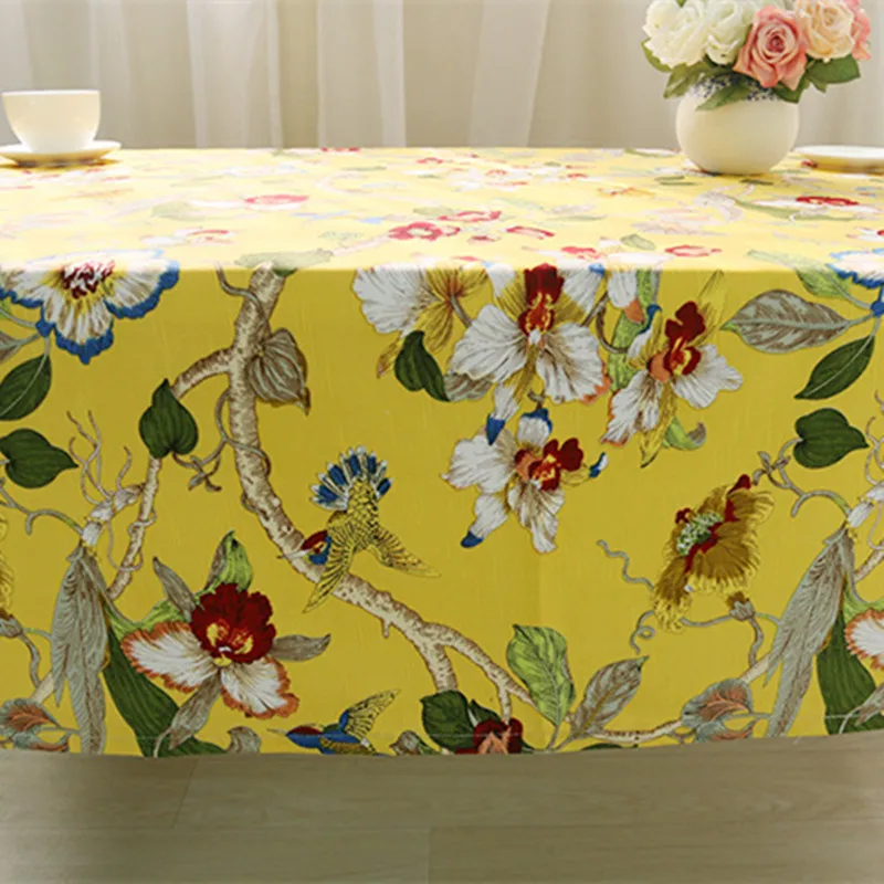 Free Shipping Flowers Birds Yellow Tablecloth Home/Hotel Table Cover Mantel De Mesa Multifunction Printed flax Covered Cloth | Дом и сад