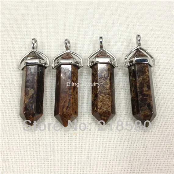 

H-RQP18 Dark Brown Jaspers Stone Hexagon Point Pendant Silver Bail