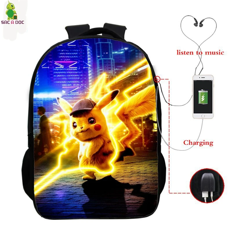 Pokemon Detective Pikachu USB Рюкзак 16 дюймов школьные рюкзаки для подростков мальчиков и девочек рюкзак Пикачу рюкзак для ноутбука