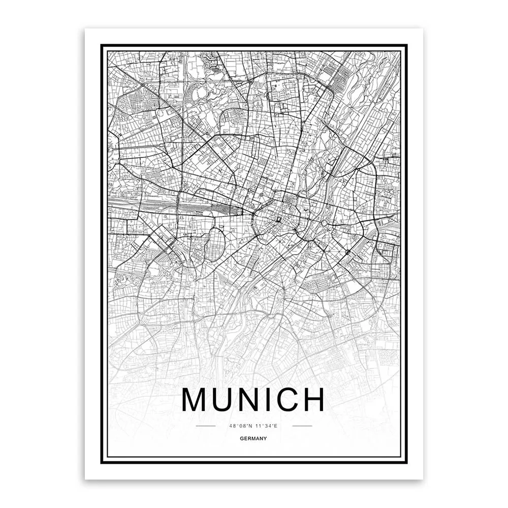 Munich Черно-белые карты мира, города, шёлка, постеры, принты в скандинавском стиле, для гостиной, настенные художественные картины, Декор, холст, живопись - Цвет: Munich