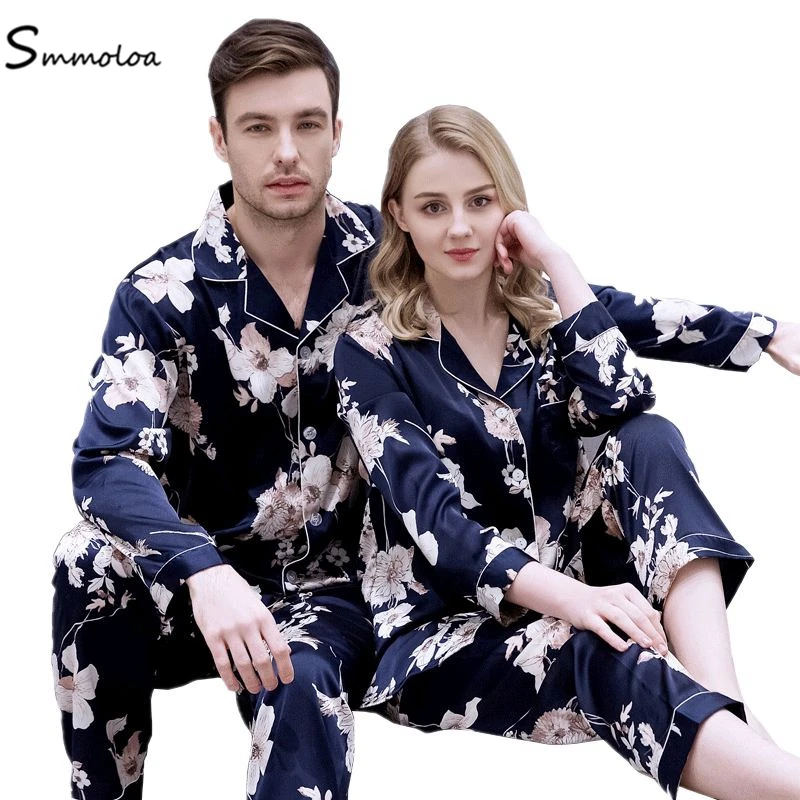 Пижамные комплекты для пар Smmoloa весна-лето шелковые атласные пижамы с цветочным
