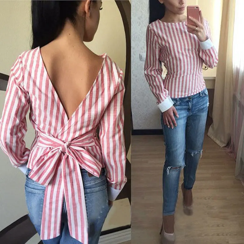 Женская блузка в полоску с бантом длинным рукавом и круглым вырезом | одежда