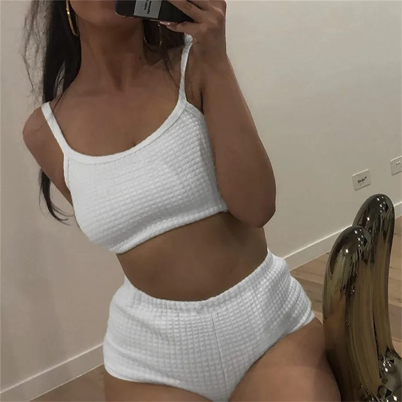 Женский летний комплект из двух предметов Однотонная футболка с высокой талией и