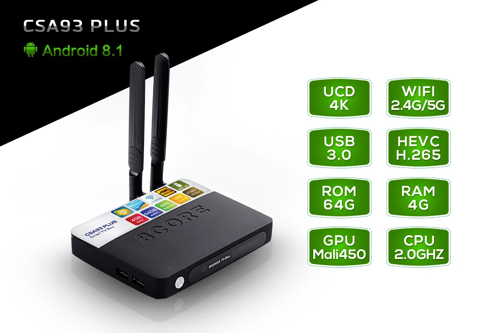 ТВ-приставка Android 8 1 CSA93 PLUS 2 4G + 5G WiFi Bluetooth 4 0 RAM 64G eMMC HDMI RK3328 четырехъядерный H.256 4k UCD