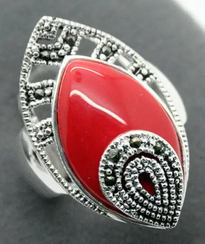 

925 Sterling Silver Red Carved Lacquer With Marcasite Attractive Ring Size 7-10
