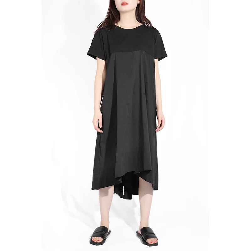 Женское платье с коротким рукавом LANMREM длинное плиссированное круглым вырезом на