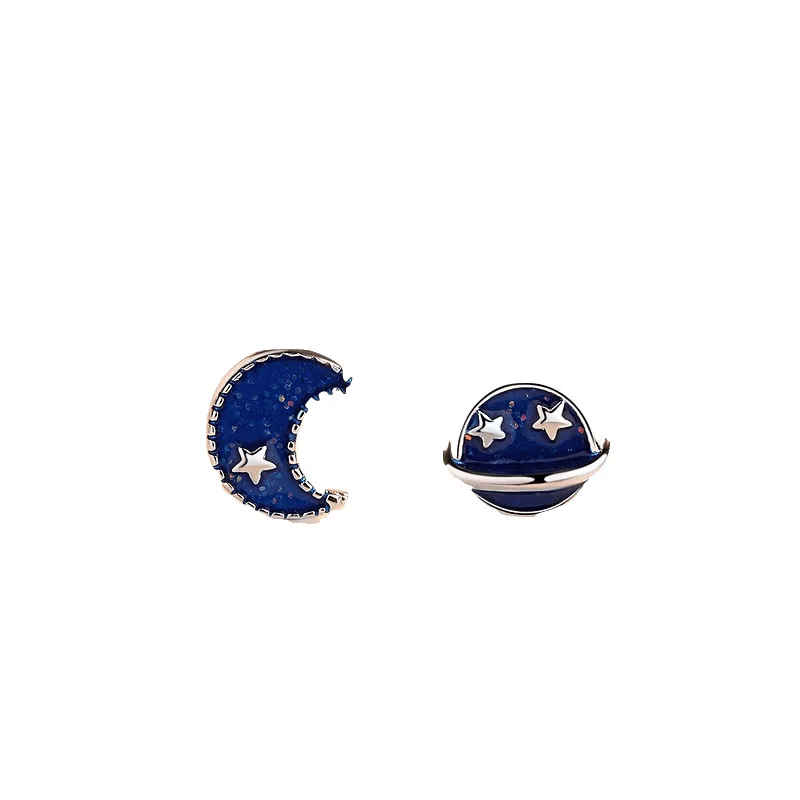 Star motion silver jewelry Japanese earrings ins creative dark blue universe stars moon asymmetrical | Украшения и аксессуары
