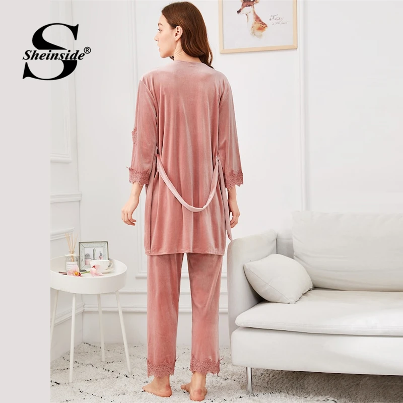 Sheinside, контрастный кружевной пижамный комплект на бретельках с рукавом 3/4, подпоясанный халат, весна, женские розовые пижамные комплекты, Пижамные брюки