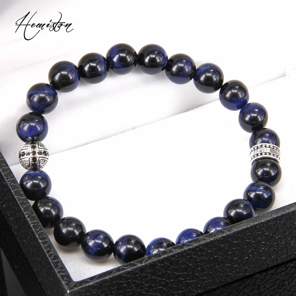 Браслет эластичный мужской с синими бусинами тигрового глаза 8 мм|bracelet with|elastic