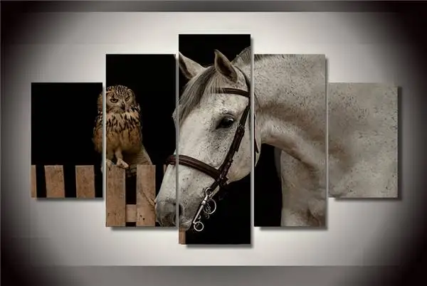 Картина на холсте с изображением белой лошади и совы декор для комнаты печать