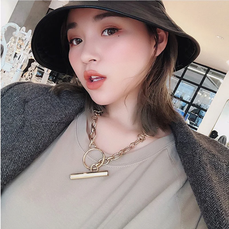 

Rongho Vintage Metal T shape chokers necklaces for women punk jewelry Gold circle link chain necklace pendant chunky bijoux