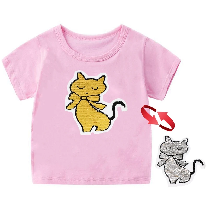 yellow-silver cat Двусторонняя Футболка с блестками; летняя детская футболка для мальчиков и девочек; футболки с короткими рукавами для маленьких девочек; хлопковая детская футболка; футболки с круглым вырезом - Цвет: yellow-silver cat