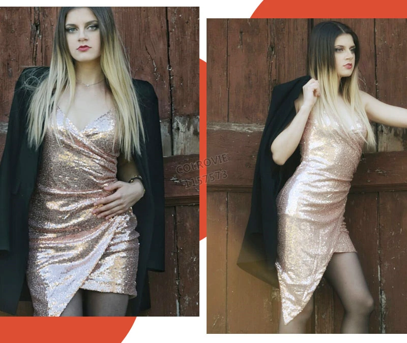 COLROVIE, розовое платье с v-образным вырезом, с завязками, с блестками, популярная Сексуальная Клубная одежда для женщин, осень, облегающие вечерние платья, вечерние платья, облегающие летние платья