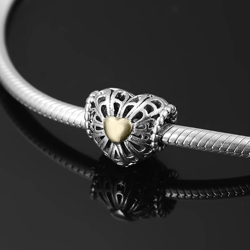 New 925 Sterling Silver hollow out flower DIY gold heart fine beads Fit Original Pandora Charm Bracelet Jewelry making | Украшения и