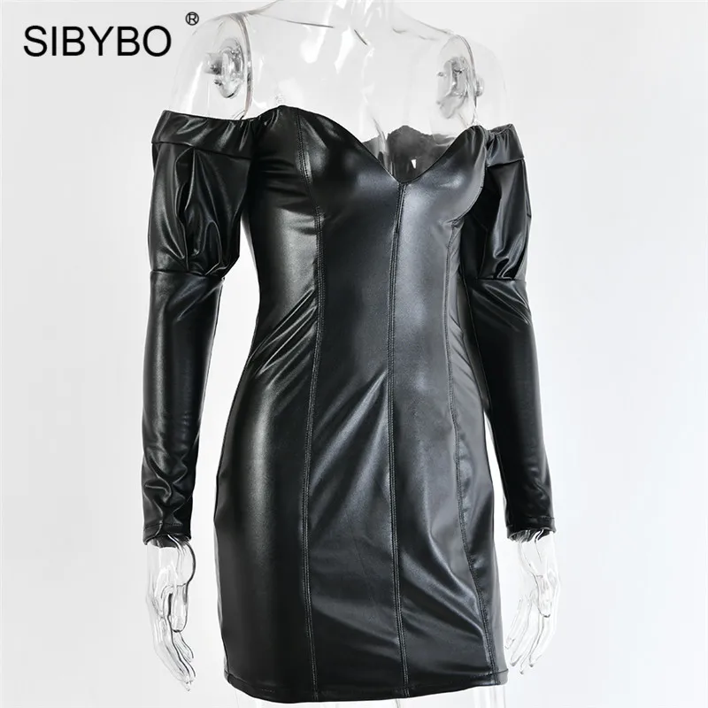 SIBYBO сексуальное мини-платье без бретелек из искусственной кожи, модное осеннее платье с открытыми плечами и длинным рукавом, женские черные вечерние Клубные платья с открытой спиной