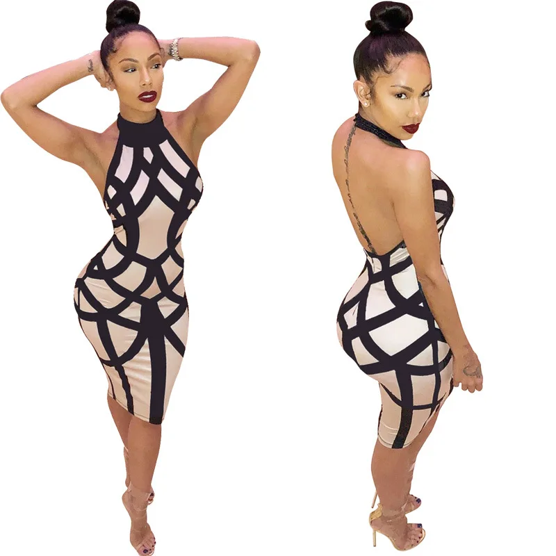 2018 Fashion Bandage Bodycon Patchwork Women Sexy Dress Halter Knee-length Ladies Backless Night Party Vestidos | Женская одежда