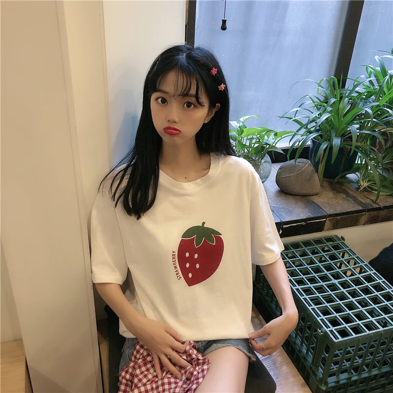 2019 летняя Корейская Свободная Женская Футболка Harajuku с принтом фруктов товые топы