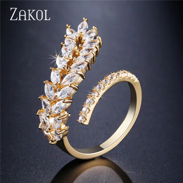 Gold Color ZAKOL, модные циркониевые обручальные кольца, AAA, прозрачные циркониевые Регулируемые кольца для женщин и девушек, Винтажные Ювелирные изделия в виде листьев, FSRP239 - Цвет основного камня: Gold Color