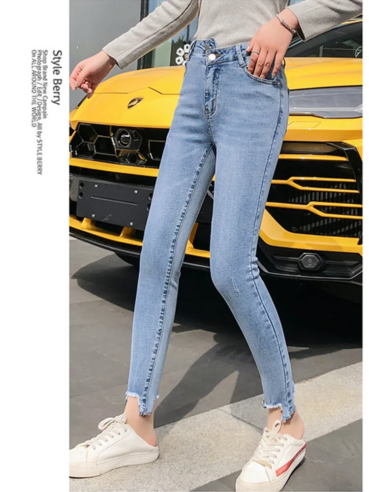 JUJULAND синий Bleach Wash Distressed рок джинсы Для женщин Повседневное Высокая Талия Button Fly