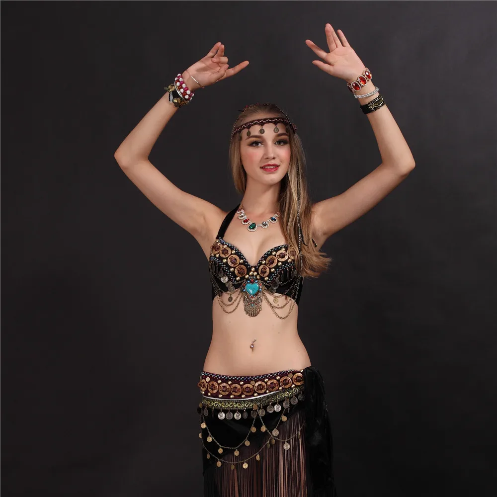 Костюм для танца живота в этническом стиле 2 шт. бюстгальтер и юбка черные цвета
