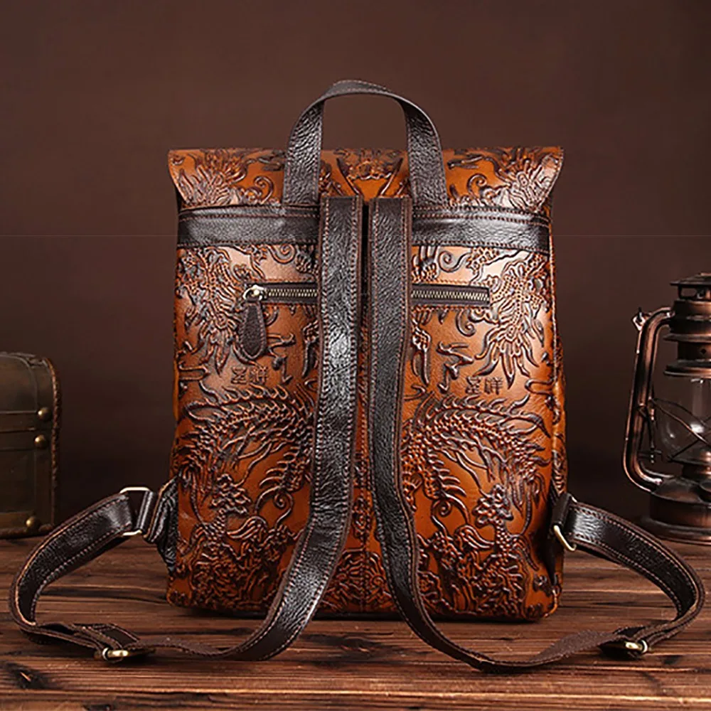 Мужской и женский рюкзак из натуральной кожи с тиснением винтажный большой