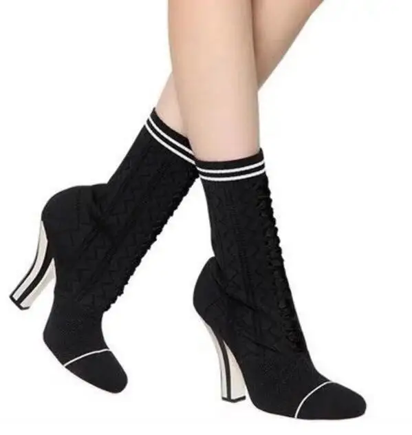 

New Fashion Women Knit Ankle Boots Square Toe Ladies Slip On Boots Strange Style High Heel Female Dress Boots Spring Hot Boots