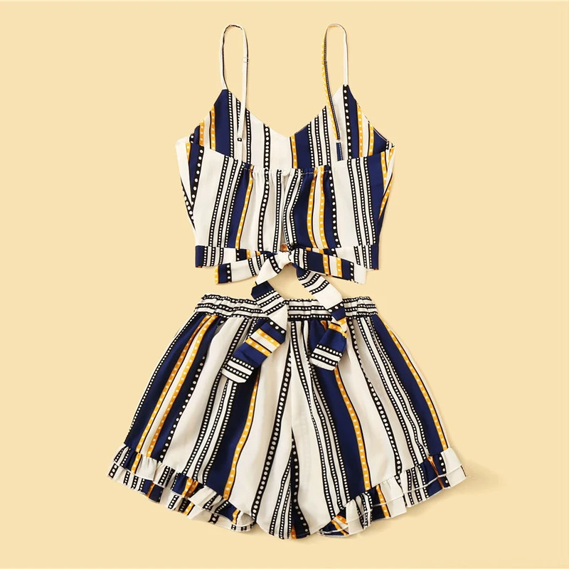 ROMWE Striped Back Tied Knot Cami Top With Wide Leg Shorts Woman Sets Crop Vest And Ruffle Hem Shorts Two-Piece Boho Co-ords