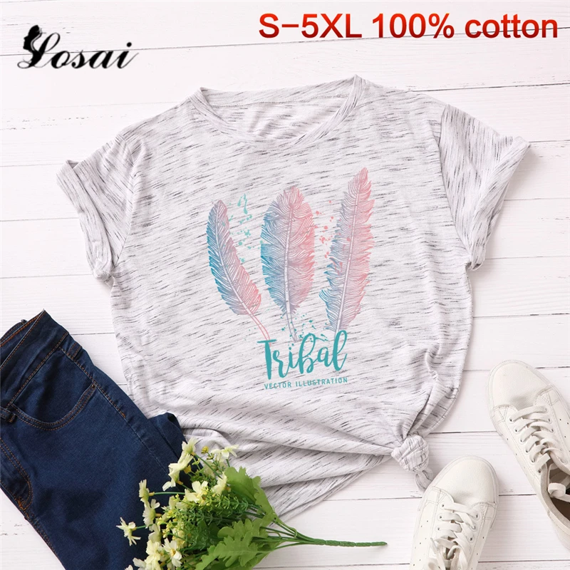 Женские футболки 3XL 4XL 5XL размера плюс, хлопковая Футболка с принтом перьев, топы с коротким рукавом, Корейская Футболка Harajuku, футболки