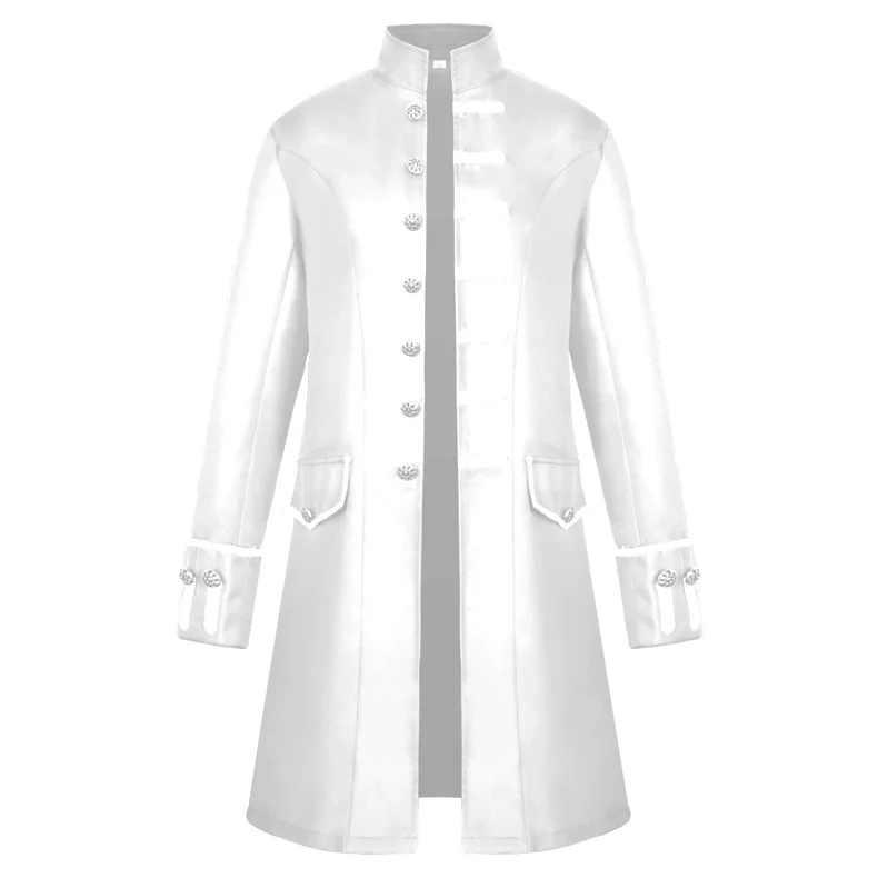

European Style Men Punk Coat Blue Green Black Purple White Long Outerwear Stand-Collar Trench Jacket Court Dress Stage Costume