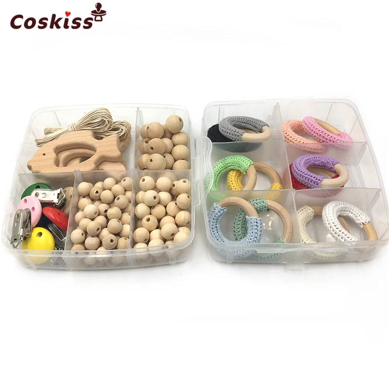 

Baby Wooden Teether Toy Wooden Crochet Ring Natural Wooden Animal Round Bead Mix Color Pacifier Clip DIY Baby Teether Accessory