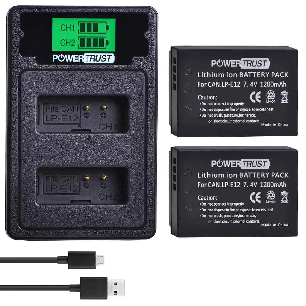2X Battery Set PowerTrust 2 шт. LP-E12 LPE12 LP E12 батарея+ ЖК USB двойной зарядное устройство для Canon EOS M50, EOS M100, 100D Kiss X7 Rebel SL1 - Цвет: 2X Battery Set
