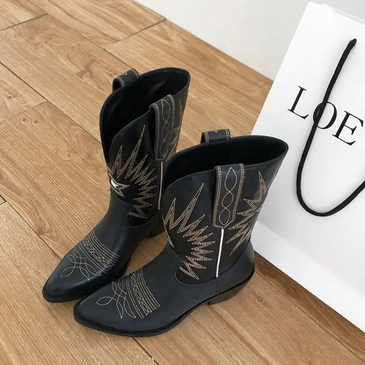 Buono Scarpe/женские сапоги с вышивкой; рыцарские сапоги на среднем каблуке в стиле ретро; женские сапоги из натуральной кожи; Botas Mujer; ковбойские сапоги в западном стиле; распродажа; модель года