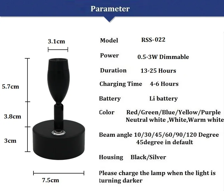 0,5-3 W 13-35hours dimmable подзарядка светодиодная точечная лампа, лампа выставочный стенд для украшений, регулировка яркости шкафа вращающийся аккумулятор