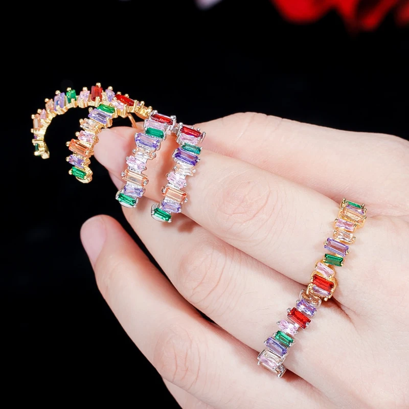 BeaQueen New Irregular Baguette Cubic Zirconia Rainbow Crystal Chic Hoop Earrings Rings Multicolor Jewelry Sets for Women JS201 | Украшения