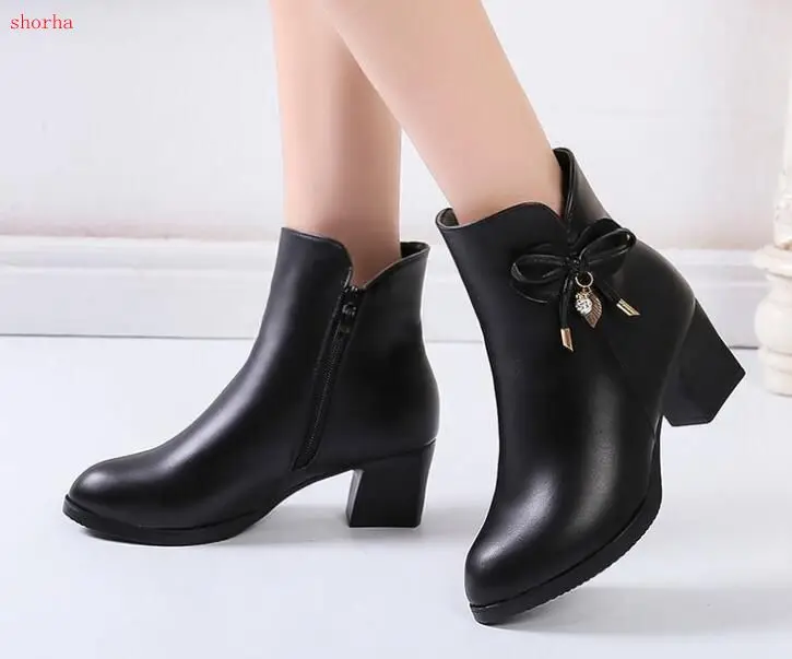 

New fashion Women Boots Black Leather Ankle Boots For Women Bow High Heel Boots Autumn Female Shoes Size 35-41 Botas