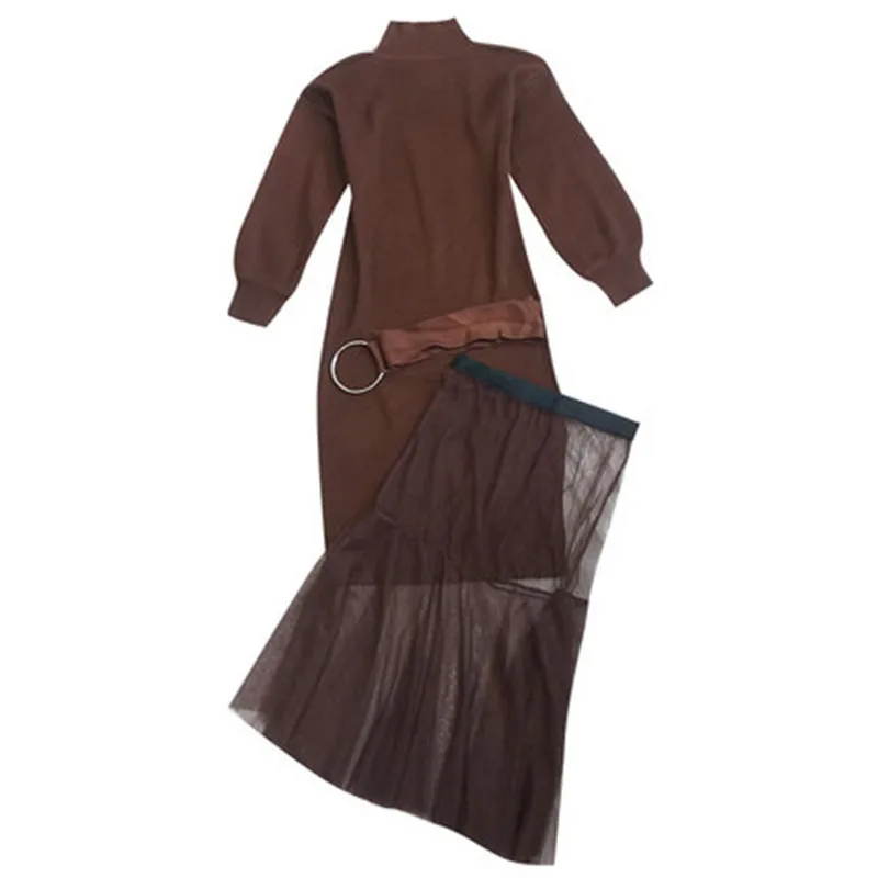 Однотонное длинное платье-свитер сезон весна 2019 сетчатая подставка из 2