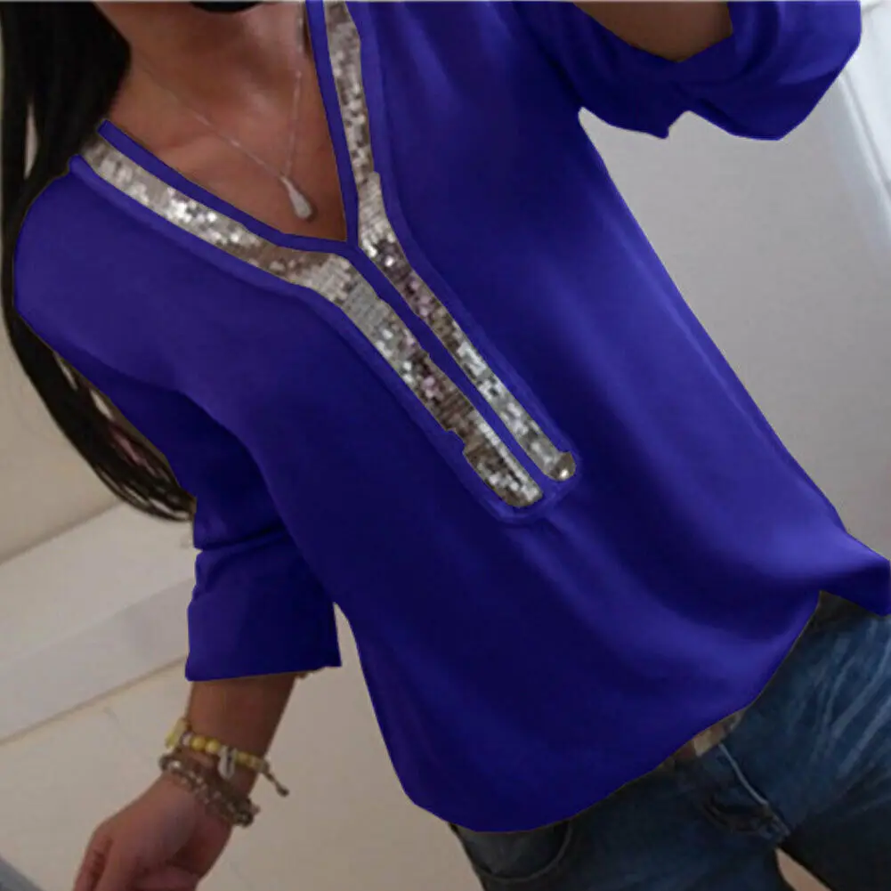 

Ladies Women Sequins Plus Size Office Top Blouse V Neck Casual Loose T-Shirt Tee