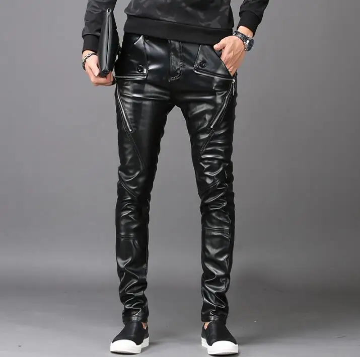 Zipper personality fashion motorcycle faux leather tight pants mens feet pants pu trousers for men pantalon homme indproof