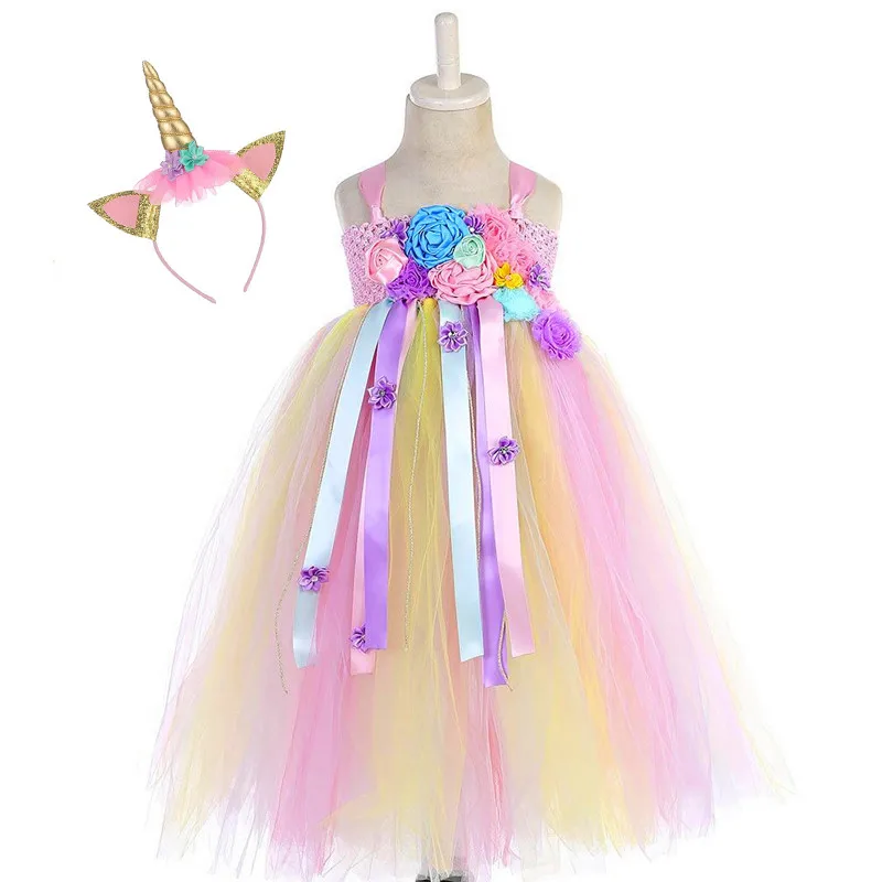 Dress Gold Hair Платье-пачка с изображением единорога и цветов Пастельной радуги для девочек; платье принцессы на день рождения для девочек; Детский костюм единорога на Хэллоуин; От 1 до 10 лет - Цвет: Dress Gold Hair