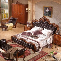 modern european solid wood bed 2 people fashion carved genuine leather french bedroom furniture 10308