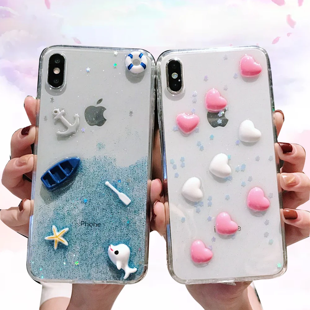 3D Pattern Cases For iPhone 7 8 Plus XR XS Max Fashion Cute Soft Silicone X Xs 6s 6 Epoxy Cloud and Love Cover | Мобильные телефоны