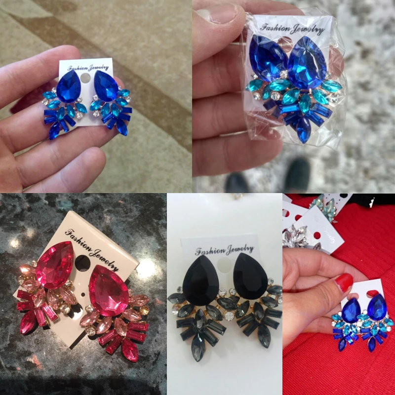 LUBOV Handmade Rhinestone sweet stud crystal earrings Women Fashion Jewelry Style Blue/Black/Pink Earrings for women girl | Украшения и