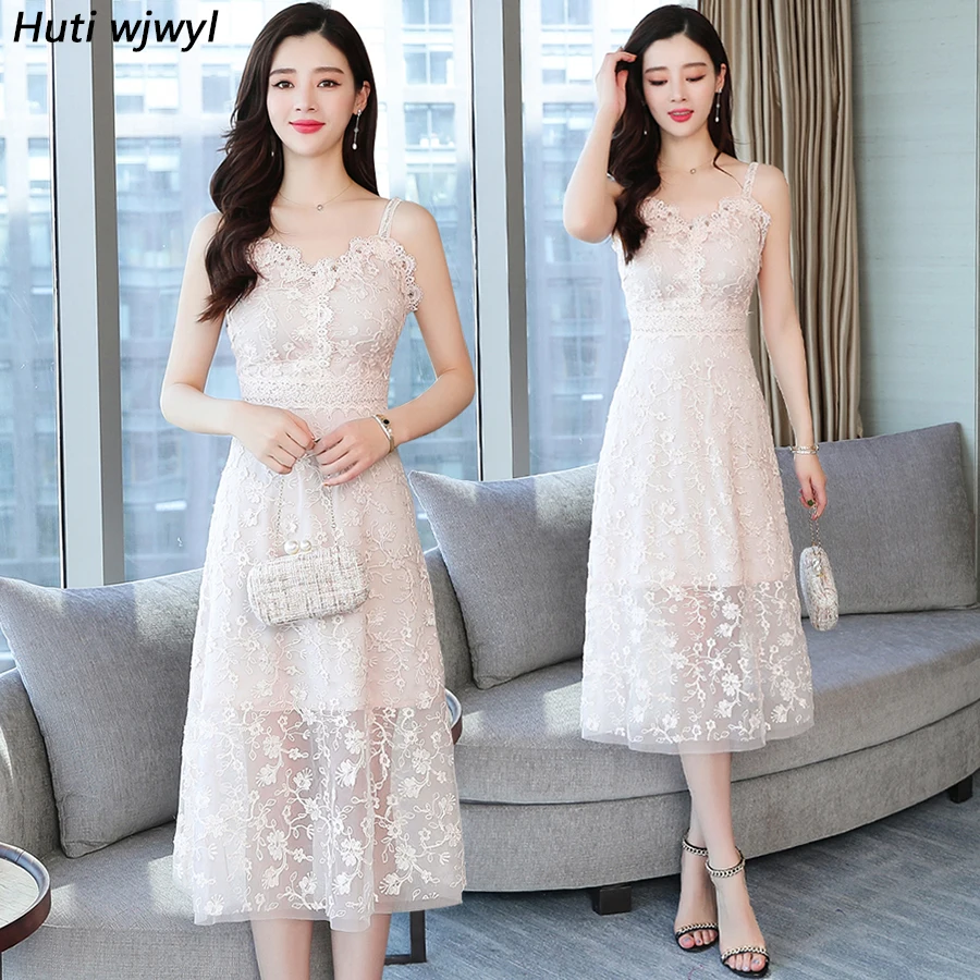 

2022 Solid Vintage Plus Size Midi Dresses Summer Pink Lace Sleeveless Sexy Beach Sundress Bodycon Women Elegant Party Vestidos