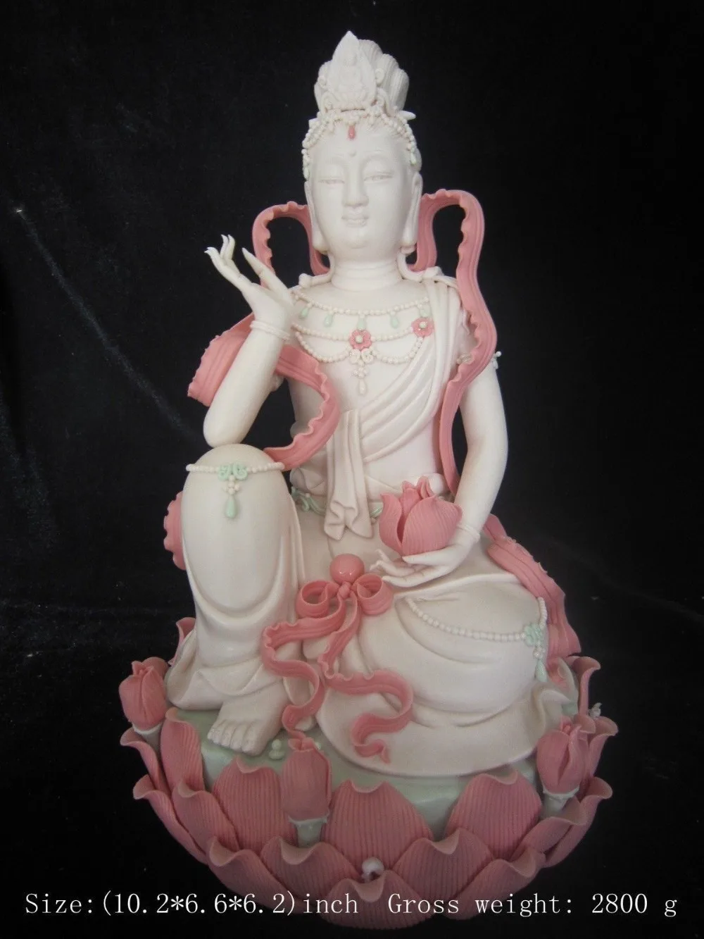 10.2 inch / Beautiful Chinese Dehua color porcelain goddess guanyin lotus Buddha statue