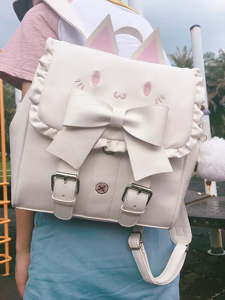Япония Лолита девушка вышитый кот рюкзак леди Прекрасный лук сумка Kawaii Мультяшные кошачьи уши студенческие сумки Mochila Feminina