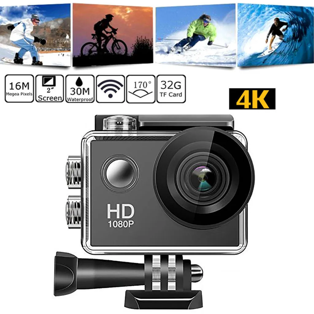 Экшн-камера 170 ° с широкоугольным объективом 4K Full HD 2-дюймовым ЖК-экраном 98 футов
