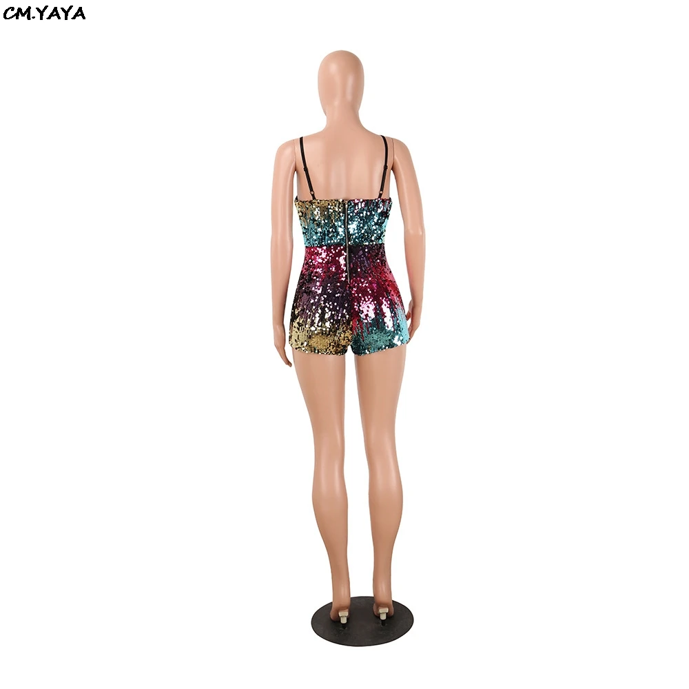 2019 New summer women spaghetti strap colorful sequins high waist vintage playsuit party short jumpsuit outfit FX08 | Женская одежда