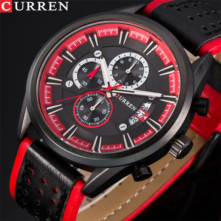 black red CURREN Мужские часы Лидирующий бренд роскошные часы мужские военные кожаные спортивные часы водонепроницаемые кварцевые наручные часы Мужские часы - Цвет: black red