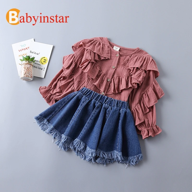Babyinstar Однотонные блузки с оборками + джинсовая юбка комплекты одежды для девочек
