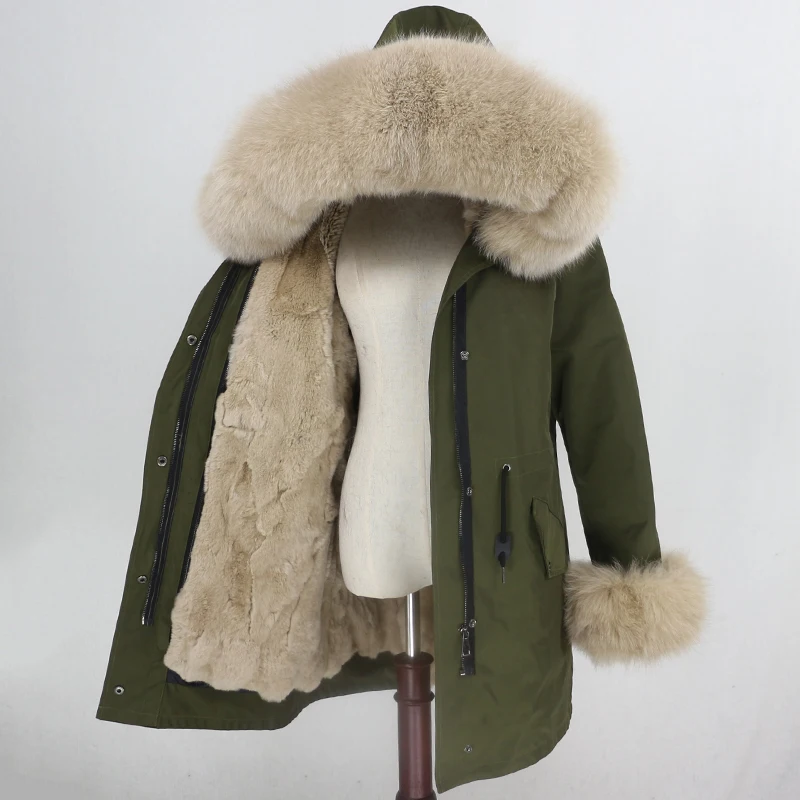 green beige OFTBUY Long Waterproof Parka Real Fur Coat Natural Fur Collar Hood Winter Jacket Women Rabbit Fur Liner Thick Warm Detachable - Цвет: green beige
